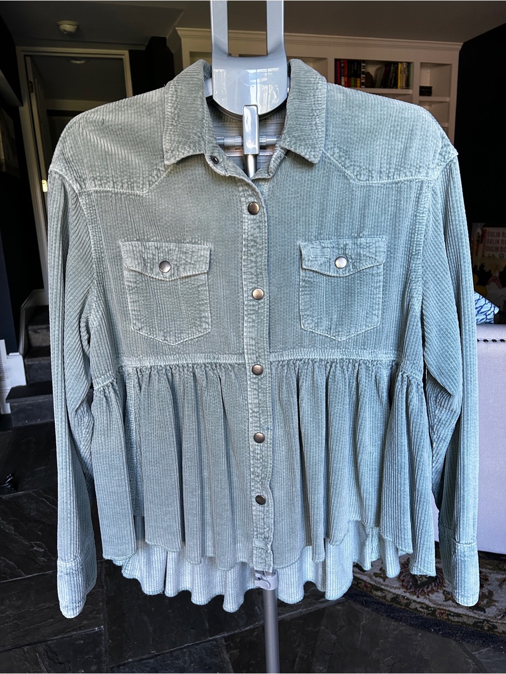 Free People Size S Corduroy Button-Front Peplum Top - Sage Green